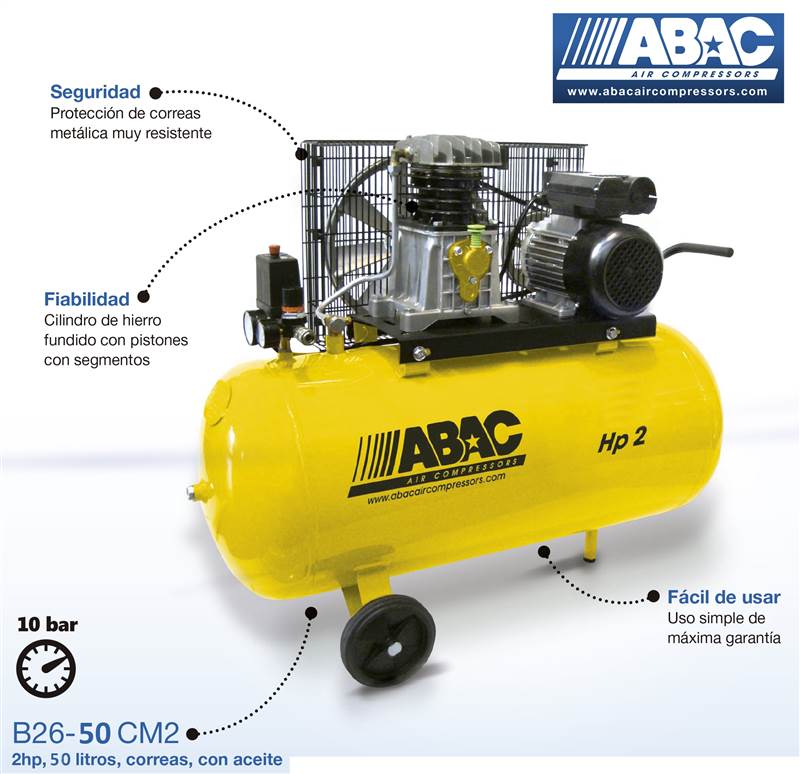 <div>COMPRESOR  50L CORREAS ABAC 2HP AMARILLO B26-50</div>