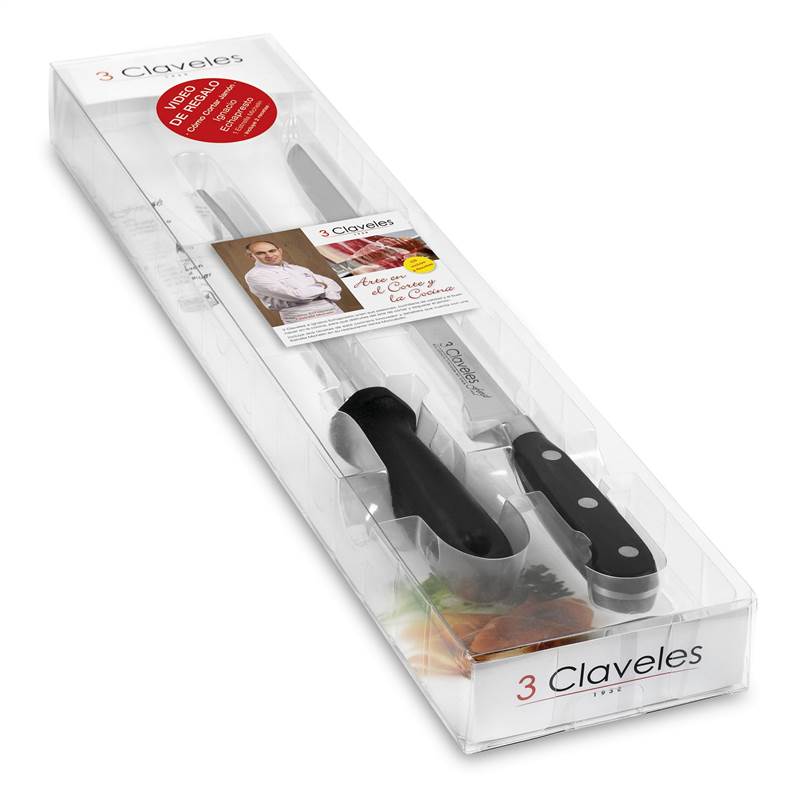 <div>JUEGO CUCHILLO JAMONERO + CHAIRA 3 CLAVELES FORGE</div>